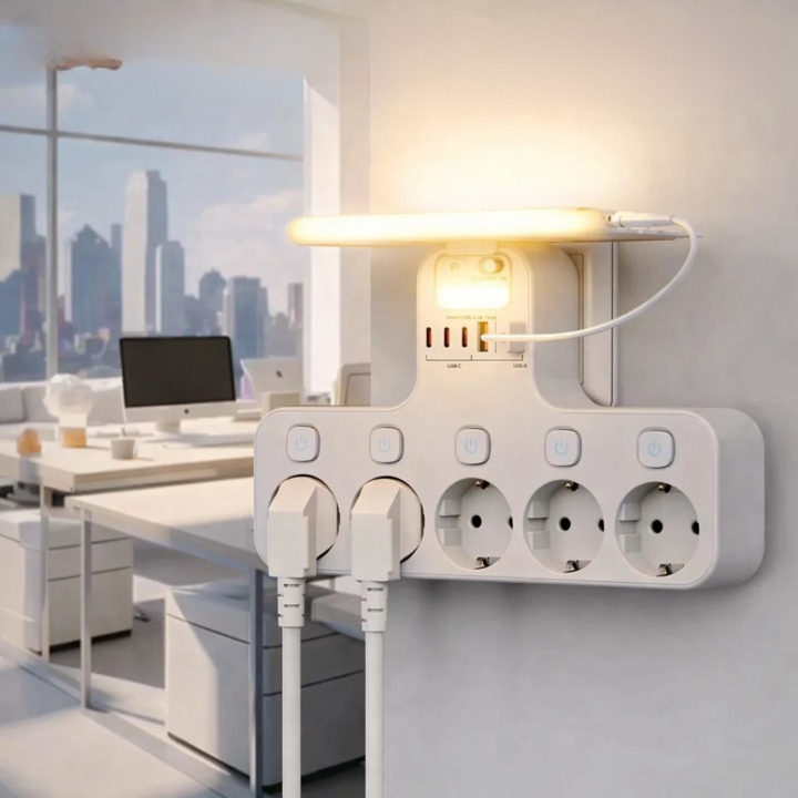 Wandsteckdosenleiste – 5 Steckdosen, USB & Nachtlicht