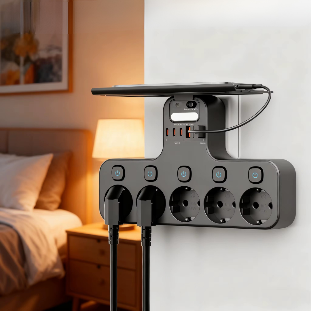 Wandsteckdosenleiste – 5 Steckdosen, USB & Nachtlicht