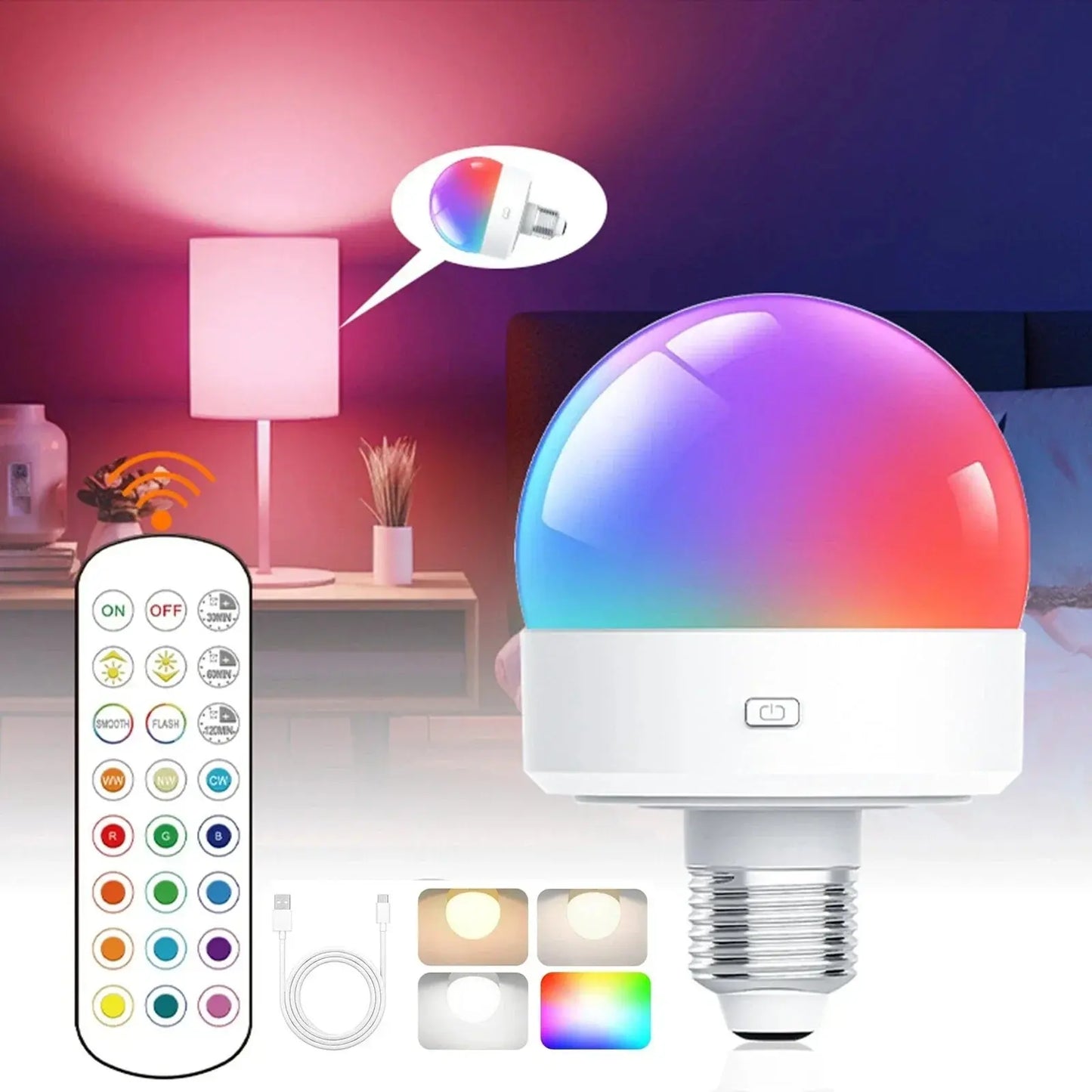 Wiederaufladbare RGB-LED-Lampe E27 mit Fernbedienung – Ganz ohne Kabel
