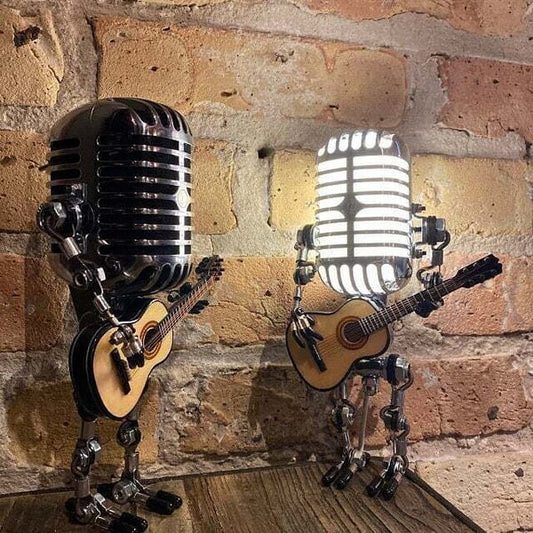 Vintage Mikrofon-Tischlampe mit Gitarre – Retro Musikerlampe