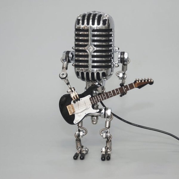 Vintage Mikrofon-Tischlampe mit Gitarre – Retro Musikerlampe